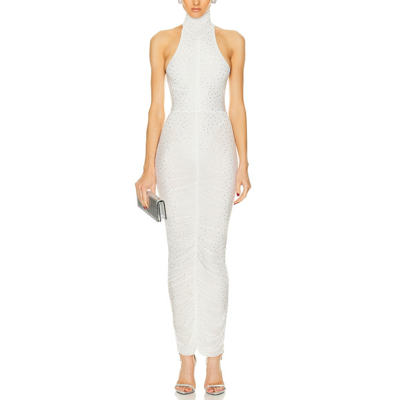 Alex Perry Crystal White Nylon Turtleneck Ruched Column Dress Size UK 8/US 4 NWT - Picture 1 of 7